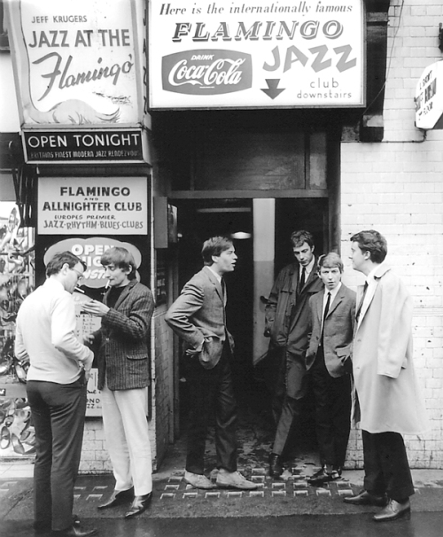 Mods showing Andy Summers and members of the band, Zoot Money, outside  the  Flamingo Club , London, 1964