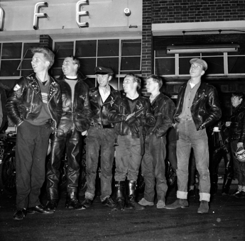 Young bikers outside the Ace Cafe, London, 1962